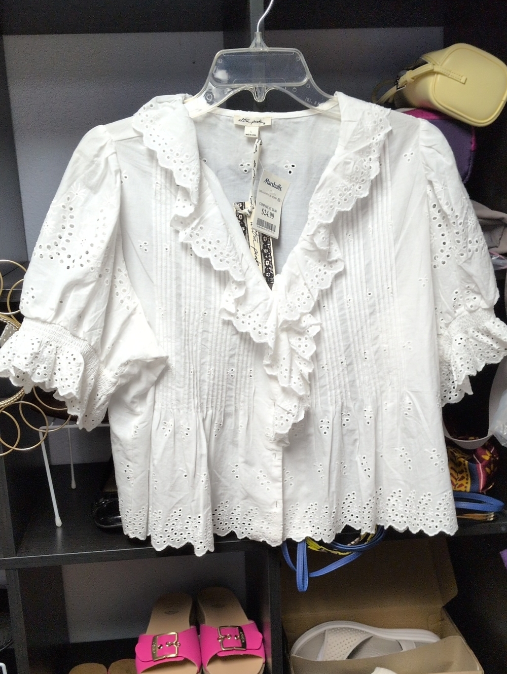 Eyelet Ruffle Cotton Blouse - White. Peasant.